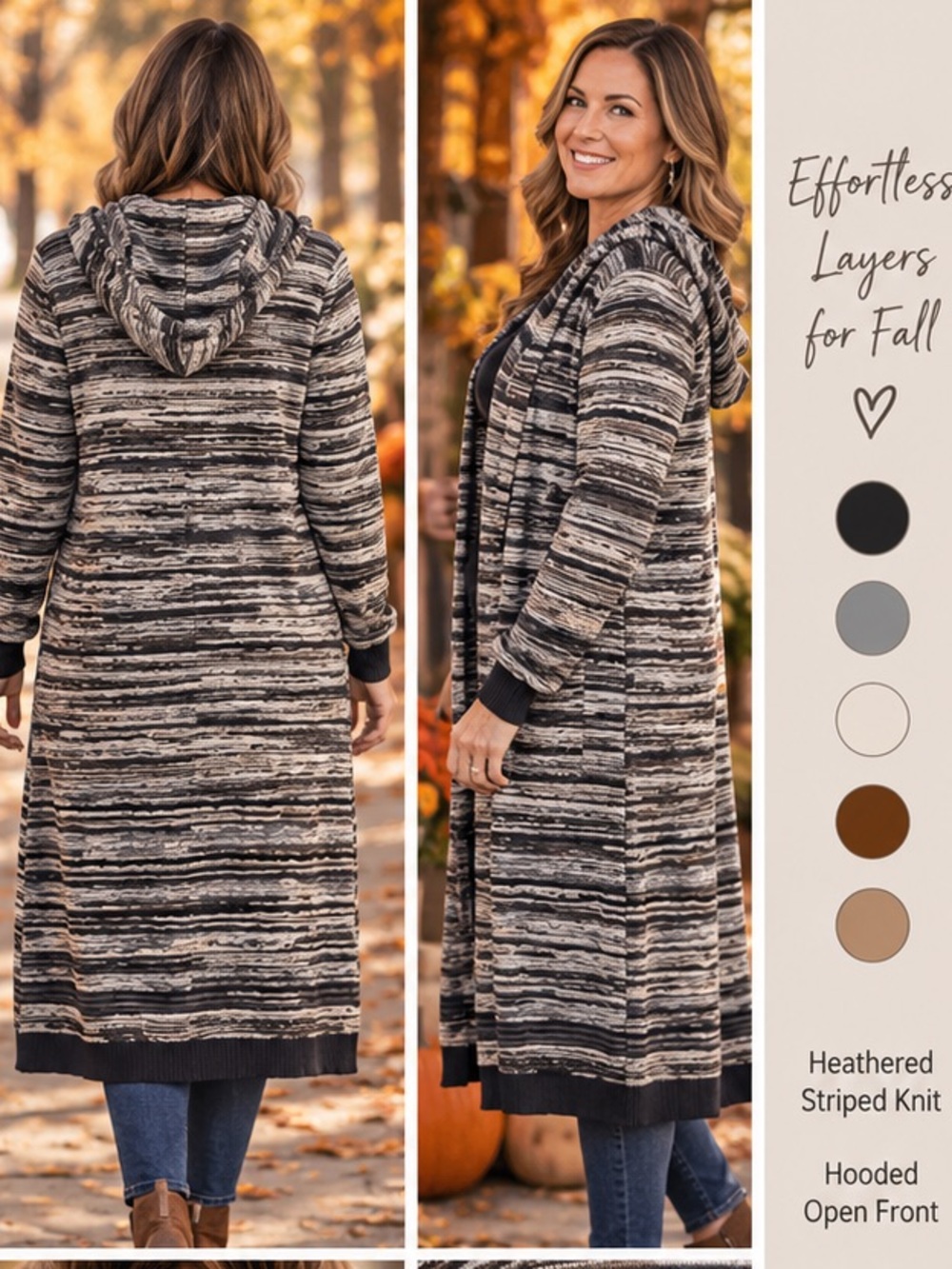 Macy's Hooded Longline Striped Cardigan - Black, Cream & Brown
